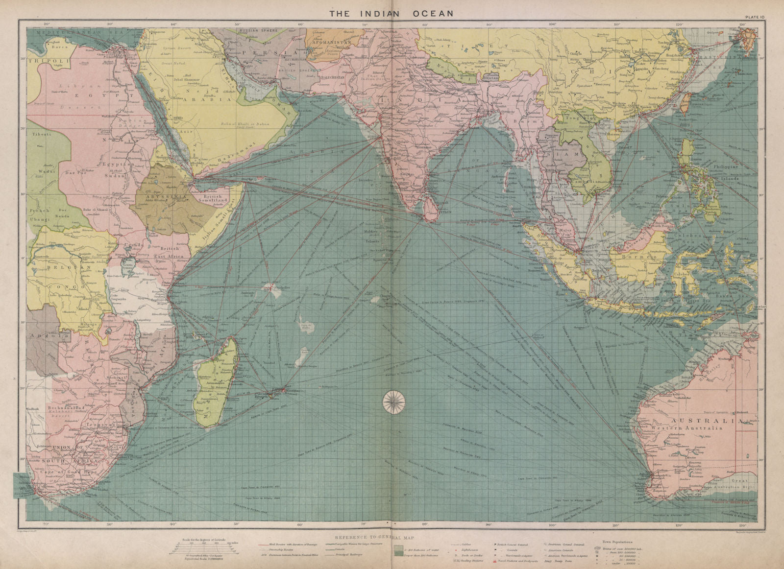 Indian Ocean sea chart. Ports lighthouses mail routes dockyards. LARGE 1916 map